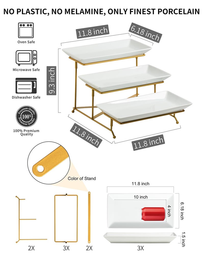 LAUCHUH 3 Tier Serving Stand Porcelain Serving Platter Tier Serving Trays with Collapsible Sturdier Rack, Serving Dishes and Platters for Thanksgiving, Christmas, Entertaining, Gold, 12 Inch - Image 2